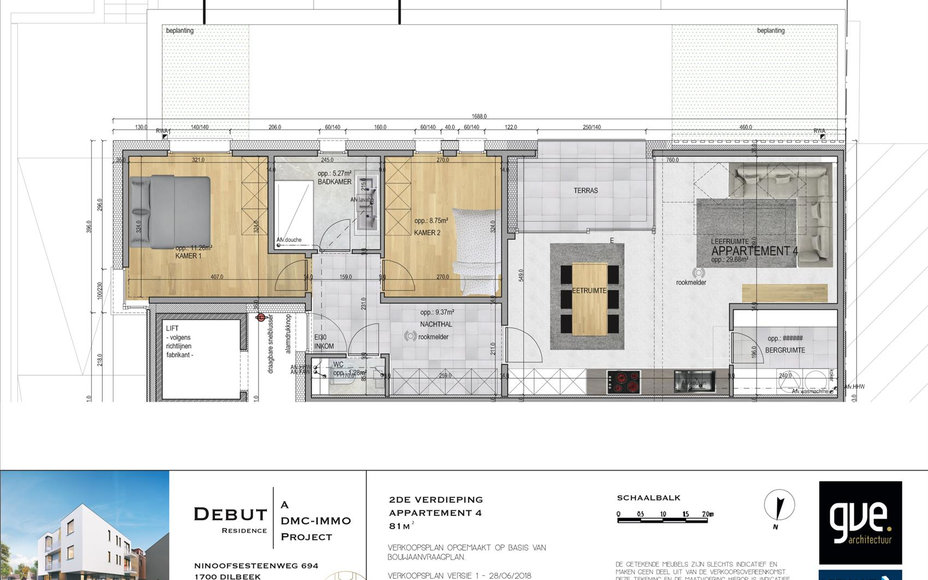 ** REEDS 80 % VERKOCHT ** Leemans Immobiliën biedt u dit nieuwbouwproject aan te Dilbeek - Schepdaal. Het project zal opgeleverd worden in het najaar van 2019.
Het project houdt 4 appartementen in tussen 89 m² en 93 m² en elkeen voorzien van 2 slaapkam