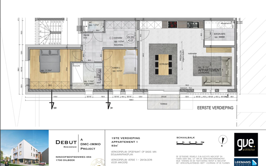 ** REEDS 80 % VERKOCHT ** Leemans Immobiliën biedt u dit nieuwbouwproject aan te Dilbeek - Schepdaal. Het project zal opgeleverd worden in het najaar van 2019.
Het project houdt 4 appartementen in tussen 89 m² en 93 m² en elkeen voorzien van 2 slaapkam